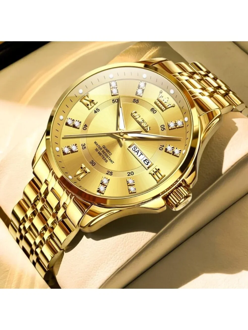 Men's Gold Diamond Stainless Steel Waterproof Luminous Luxury Analog Round Watch